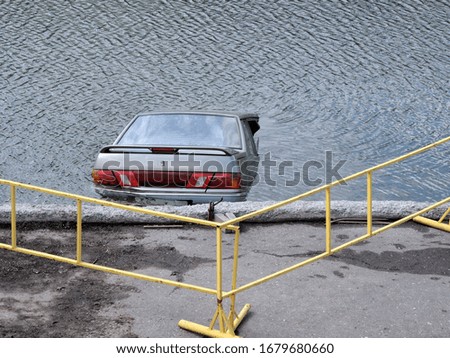 A car caught in a pond after a traffic accident