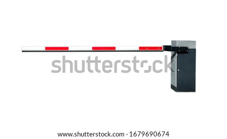 Closed red and white modern, movable barrier preventing access. Isolated on a white background Royalty-Free Stock Photo #1679690674