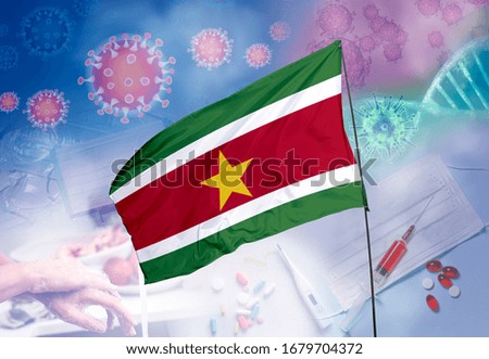 Coronavirus (COVID-19) outbreak and coronaviruses influenza background as dangerous flu strain cases as a pandemic medical health risk. Suriname Flag with corona virus and their prevention.
