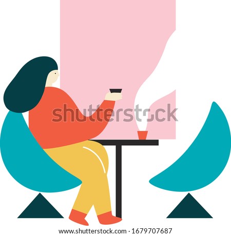 Woman drink a coffee. Abstract vector illustration. Girl sitting in a cafe and holding hot tea. Cartoon modern flat style. Minimalism. 