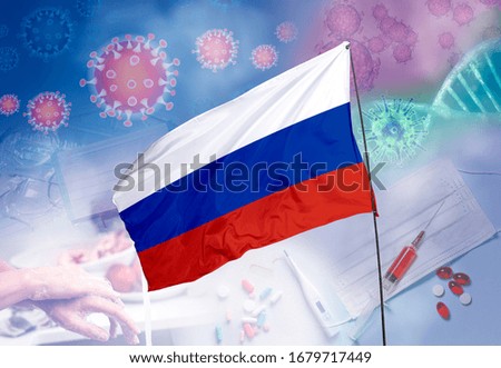Coronavirus (COVID-19) outbreak and coronaviruses influenza background as dangerous flu strain cases as a pandemic medical health risk. Russia Flag with corona virus and their prevention.