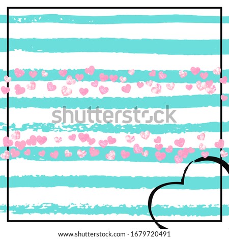 Pink glitter confetti with hearts on turquoise stripes. Shiny random sequins with metallic sparkles. Design with pink glitter confetti for party invitation, bridal shower and save the date invite.
