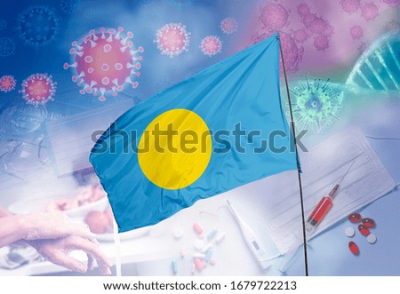 Coronavirus (COVID-19) outbreak and coronaviruses influenza background as dangerous flu strain cases as a pandemic medical health risk. Palau Flag with corona virus and their prevention.