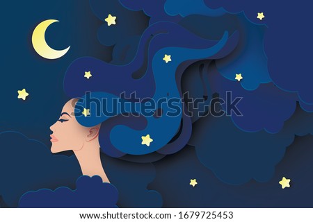 Vector portrait of sleeping young beautiful woman with long wavy hair. Fluffy paper clouds, moon and stars. Sweet dreams concept. Modern digital paper layered art. Origami style. 