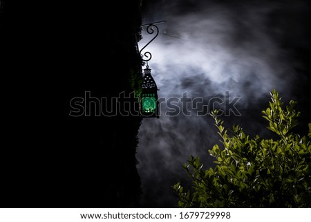 Beautiful colorful illuminated lamp in the garden in misty night. Retro style lantern at night outdoor. Selective focus