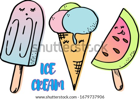 set of 3 ice creams, isolated on white background