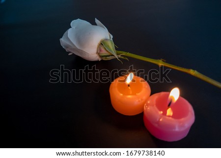white rose with two candles on a black background