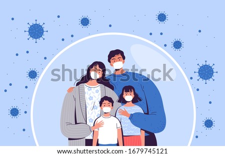 Family in medical masks stands in a protective bubble. Adults and children are protected from the new coronavirus COVID-2019 Royalty-Free Stock Photo #1679745121