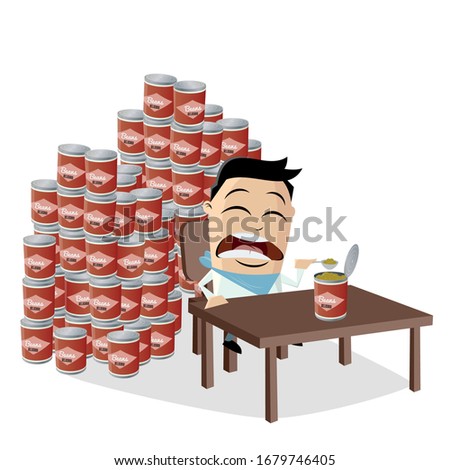 funny asian cartoon man has to eat all the canned beans he bought in panic