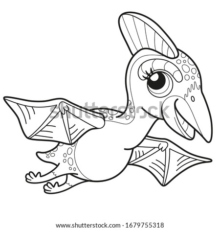 Coloring book for children baby Pterodactyl, vector illustration, isolated on a white background, with a fun, cute character- a small dinosaur. For children's creativity , coloring by small children