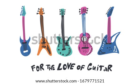 Vector hand drawn guitars. Set. With lettering: For the Love of Guitar