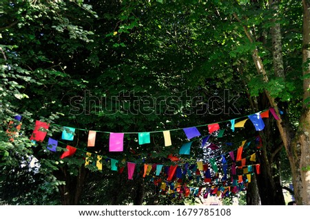 Multicolored banner at the entrance to the green forest