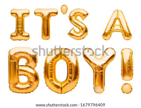 Phrase IT'S A BOY made of golden inflatable balloons isolated on white background. Gold foil helium balloons. Baby boy arrival announcement, birthday congratulations concept, happy birthday wishes