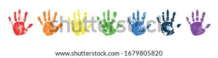 Row of seven different rainbow colored palm prints isolated on white, vector illustration Royalty-Free Stock Photo #1679805820