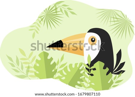 Vector illustration of toucan bird in tropical leaves