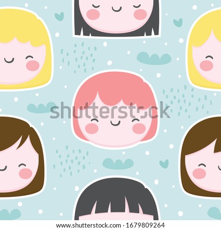 cute girl kawaii cartoon seamless pattern for nursery, bedroom, vector illustration background