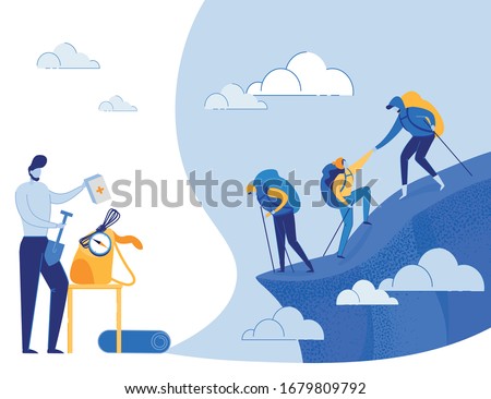 Active Young People Climbing Mountains and Packing Backpacks for Future Journey. Mountaineering, Trekking and Hiking. Outdoor Recreation, Adventures in Nature, Vacation. Flat Vector Illustration.