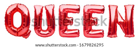 Red word QUEEN made of inflatable balloons isolated on white background. Pink foil balloon letters. Party, birthday, celebration concept