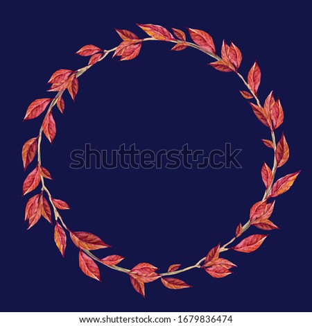 Red leaves wreath on blue. Frame from leaves. Watercolor hand drawn illustration. Border for invitation, congratulations, cards, photos