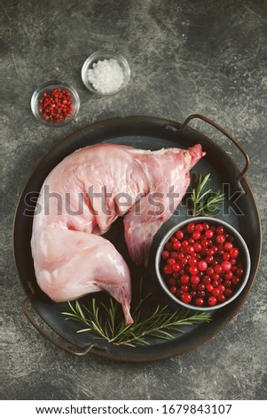 Fresh raw rabbit with rosemary, pink pepper and sea salt.