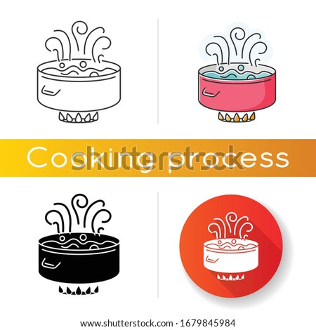 Boiling icon. Linear black and RGB color styles. Food preparation method, culinary technique, simmering, poaching. Cooking pot, pan with water on oven fire isolated vector illustrations