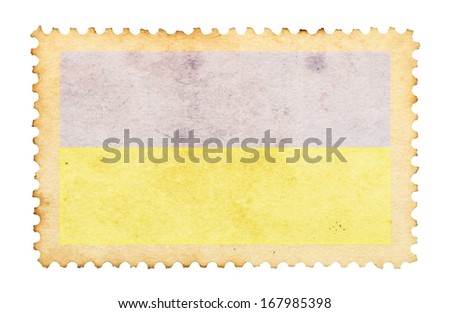 Water stain mark of Ukraine flag on an old retro brown paper postage stamp. 