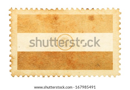Water stain mark of India flag on an old retro brown paper postage stamp. 