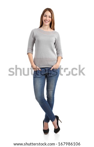 Beautiful standing woman model posing with hands in pockets isolated on a white background               