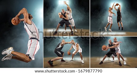 Collage of images with Caucasian Basketball Players in dynamic action with ball in professional sport game.