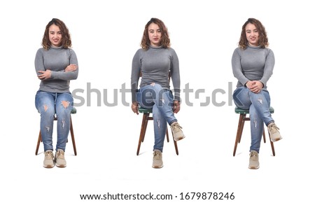 collage of a woman sitting on a chair in white background, front view, Royalty-Free Stock Photo #1679878246