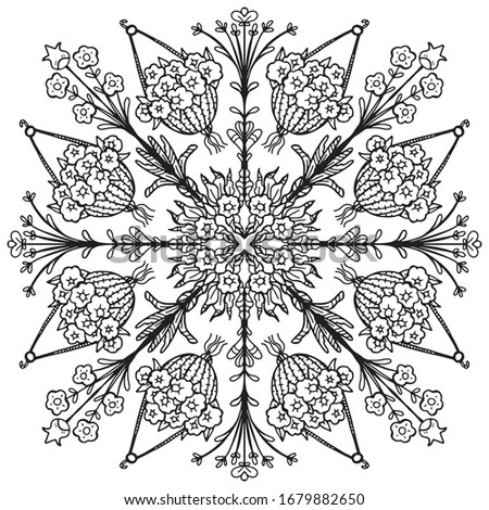 
Vector illustration of a mandala. Doodle, black and white drawing of a plant in the garden. Gardening, home plants. Pattern for decoration. Coloring. Antistress. Unique hand-drawn pattern.