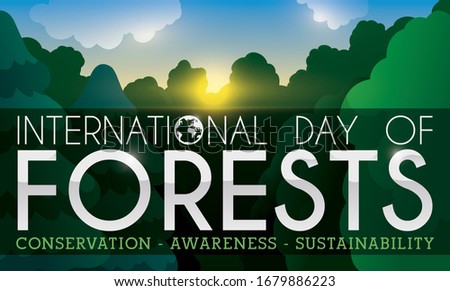 Banner with beautiful view of a calm sunset in tranquil grove during International Day of Forests with some precepts: conservation, awareness and sustainability.