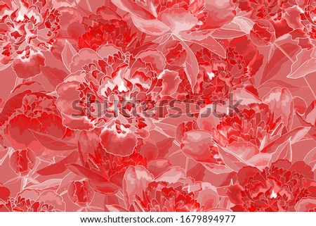 Bright red seamless floral pattern with flowers and leaves. Hand drawn. For textile, wallpapers, print, wrapping paper. Vector stock illustration.