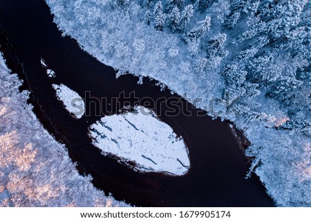 Aerial view of river Gauja in Europe during winter / Snowy forest during beautiful sunrise