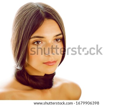 young fresh brunette tann girl with beauty hairstyle isolated on white closeup, soft spa face