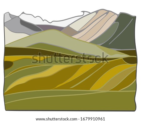 vector landscape in stained-glass window style. mountains, hills, green field. Design concept for clothes, textiles, websites, postcards, prints, typography, packaging.
