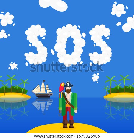 Sailor crashed, SOS signal, male character pirate with parrot on background of ship, flat vector illustration. Tropical sea, water surface, paradise island. Design for banner, poster.