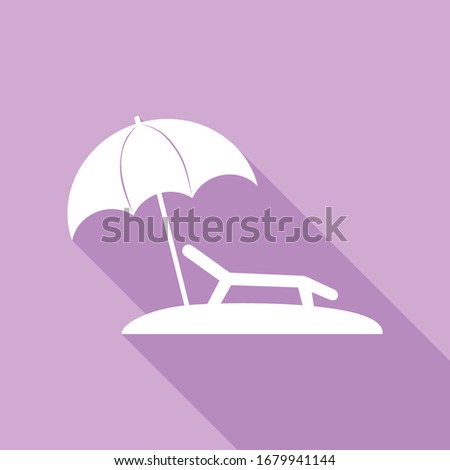 Tropical resort beach. Sunbed Chair sign. White Icon with long shadow at purple background. Illustration.