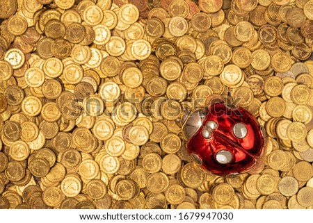 Bed of golden coins with lucky ladybug on top