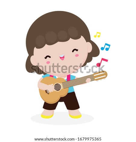 cute kid playing guitar, happy children girl playing the guitar. Musical performance. isolated vector Illustration on white background. in cartoon style