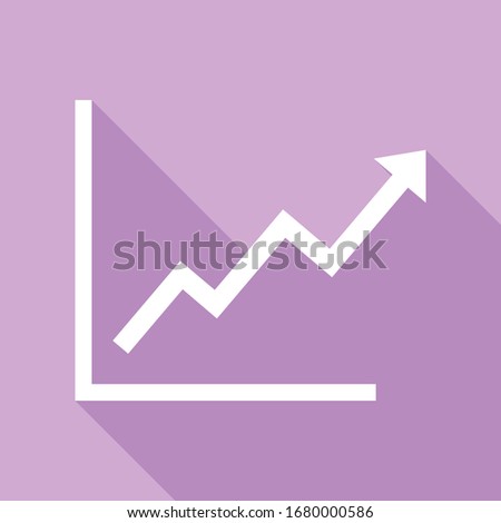 Growing bars graphic sign. White Icon with long shadow at purple background. Illustration.