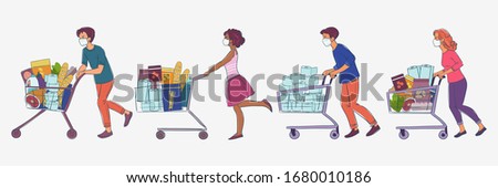Women and men in white medical masks with cart shopping in supermarket. Concept of corona virus  quarantine vector illustration