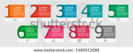 Business Infographic with numbers 9 options. Used for presentation,education,marketing,
project,strategy,learn,creative,growth,stairs,web,text,layout,web,data,idea,diagram,textbox,sign,flow,plan,work.
