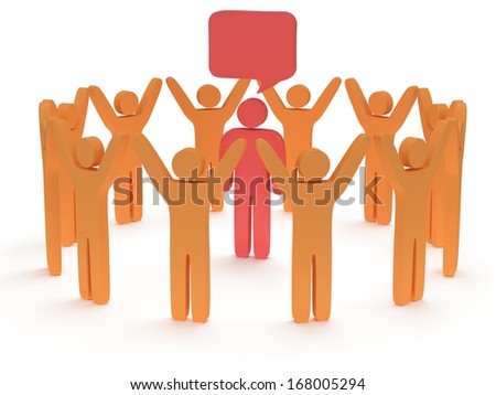 Orange people standing in circle around red man. 3D render. Teamwork, business, praise, partnership concept.