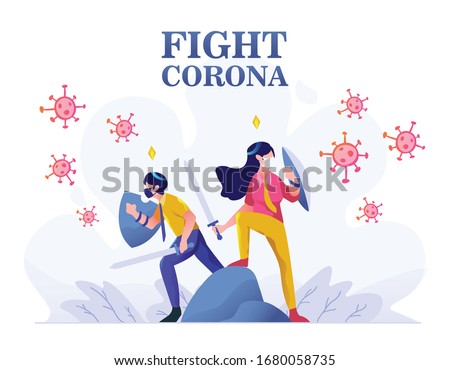 Healthcare medical man and woman protect and fight corona, covid 19 shielding, defending people character flat design gradient style Vector Illustration Royalty-Free Stock Photo #1680058735
