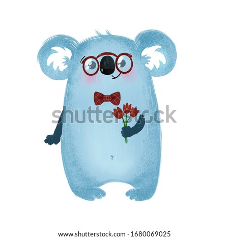 Koala with a bouquet of flowers. Children's illustration is suitable for creating greeting cards, invitations. Isolated on white
