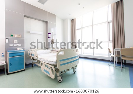 Recovery Room with beds and comfortable medical. Interior of an empty hospital room. Clean and empty room with a bed in the new medical center Royalty-Free Stock Photo #1680070126