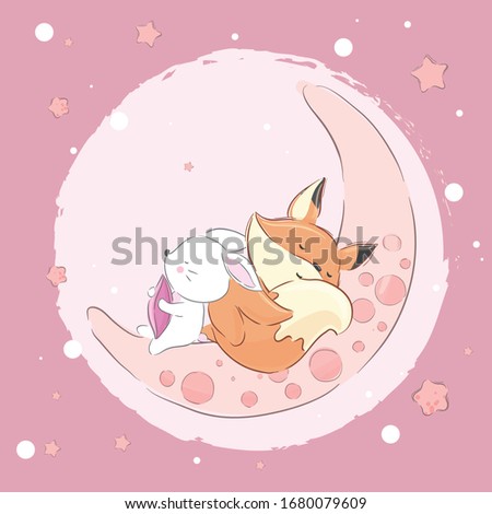 Little fox rabbit sleeping on the moon