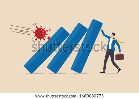 COVID-19 Coronavirus outbreak financial crisis help policy, company and business to survive concept, businessman leader help pushing bar graph falling in economic collapse from COVID-19 virus pathogen Royalty-Free Stock Photo #1680080773