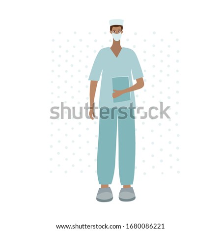 Medical Doctor or nurse male character pointing finger. Hospital man profession concept vector illustration. Simple flat clip art for health care workers epidemic pandemic quarantine instruction.